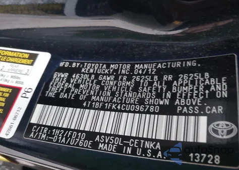 2012 Toyota Camry Le z USA, uszkodzony, nr VIN 4T1BF1FK4CU096780